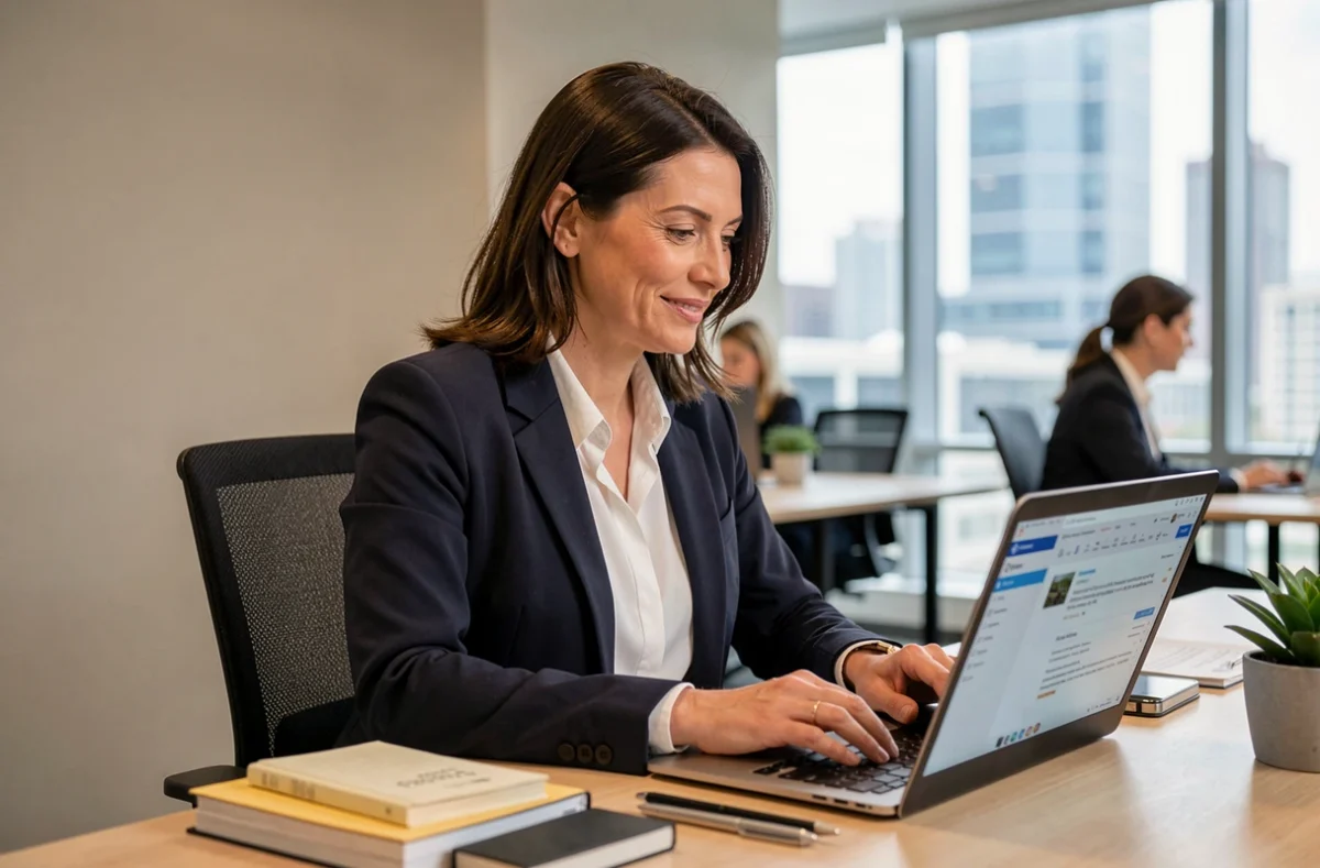 Femme professionnelle rédigeant une signature sur webmail dans un bureau moderne de Créteil