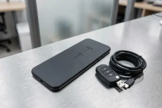 Concept du futur smartphone Tesla posé sur une surface en aluminium brossé avec un câble USB-C et un badge Tesla