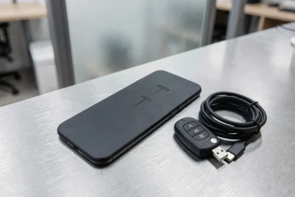 Concept du futur smartphone Tesla posé sur une surface en aluminium brossé avec un câble USB-C et un badge Tesla