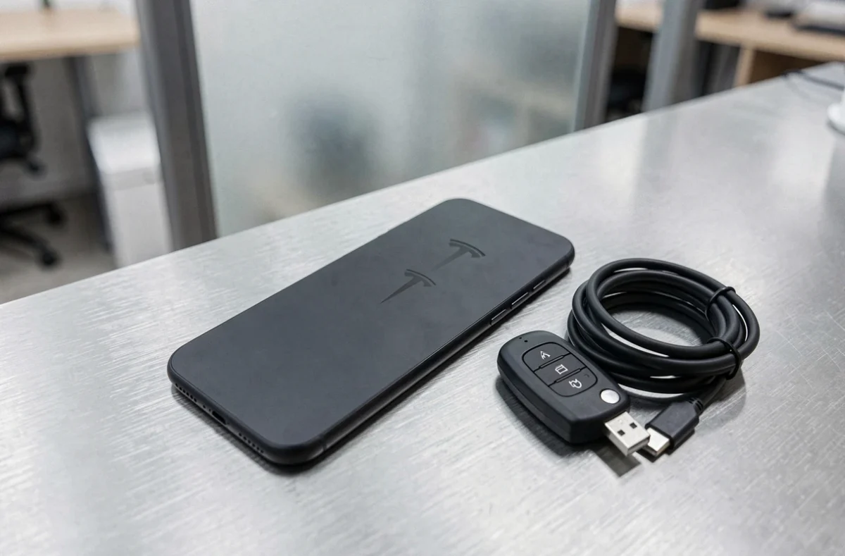 Concept du futur smartphone Tesla posé sur une surface en aluminium brossé avec un câble USB-C et un badge Tesla