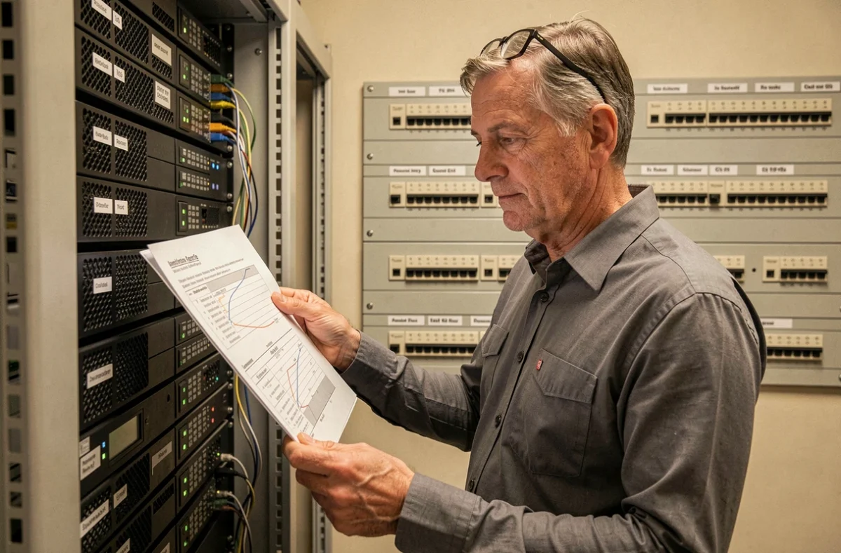 Technicien de Sogec Informatique vérifiant une infrastructure réseau dans une salle serveur de PME