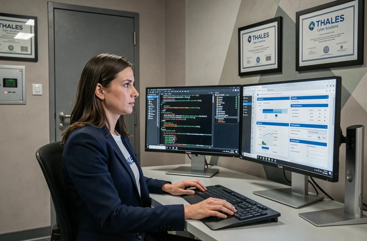 Ingénieure en cybersécurité de Thales Cyber Solutions travaillant sur des systèmes de protection des données dans un environnement sécurisé