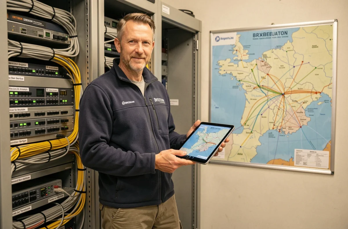 Ingénieur réseau de TRSB devant un équipement télécom et une carte de connectivité fibre optique en Bretagne