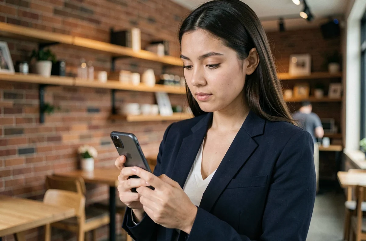 Femme tenant un smartphone Xiaomi dans un café urbain moderne, évaluant ses nouvelles fonctionnalités
