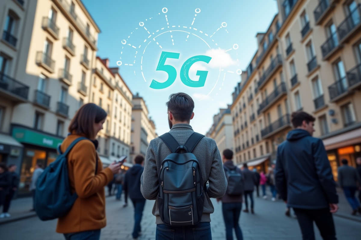 Groupe de personnes utilisant leurs téléphones en ville avec symbole 5G